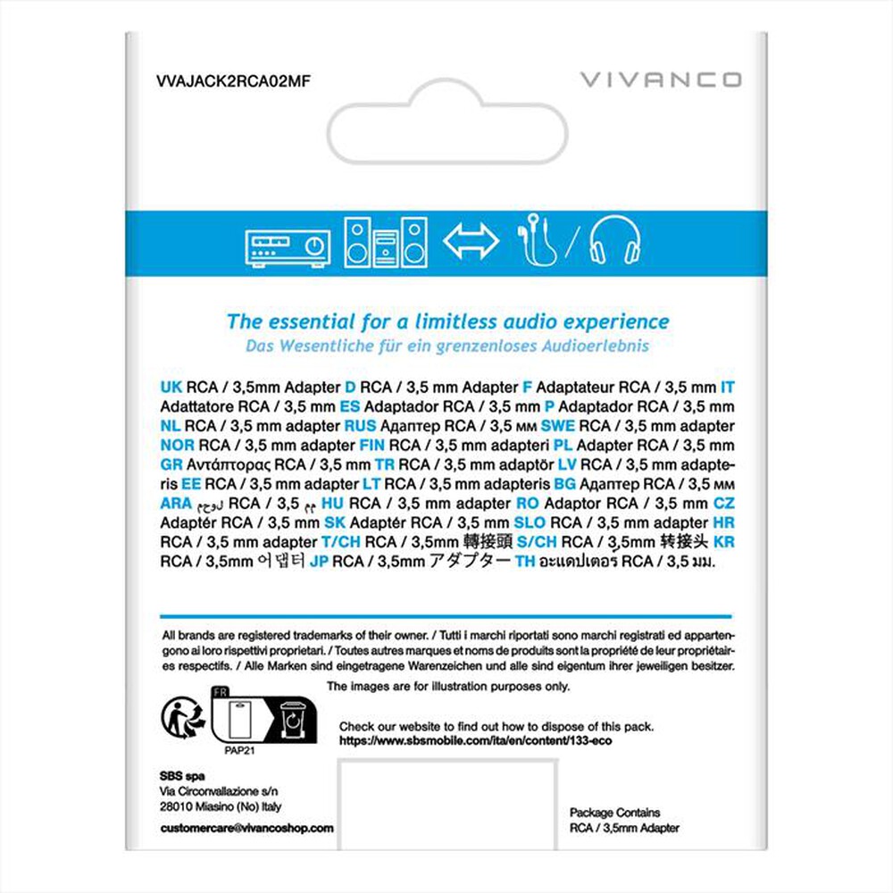Immagine del prodotto VIVANCO - Cavo audio Jack 3,5 mm femmina a 2 RCA maschio-Nero
