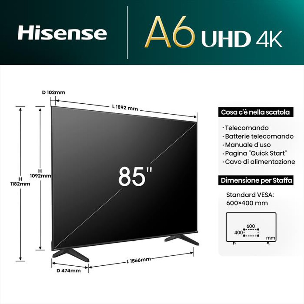 Immagine del prodotto HISENSE - Smart TV LED UHD 4K 85" 85A69N-NERO