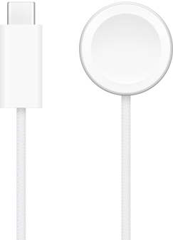 Un caricabatterie USB-C accanto a un cavo magnetico USB-C per la ricarica rapida di Apple Watch