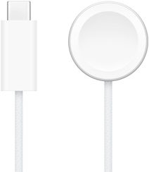 Un caricabatterie USB-C accanto a un cavo magnetico USB-C per la ricarica rapida di Apple Watch