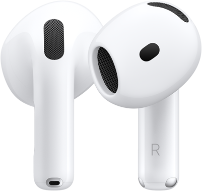 Un paio di AirPods 5, con un auricolare mostrato di fronte e uno da dietro per evidenziare il design