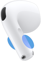 Un auricolare AirPods 5 visto da dietro, cerchi blu che indicano dove toccare lo stelo per regolare il volume