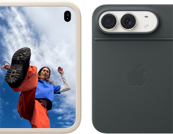 Un iPhone Duo color bianco stellare, in una custodia in silicone color sabbia, posizione orizzontale, completamente aperto, si nota la doppia fotocamera Dual Fusion in alto a sinistra, la custodia copre la parte posteriore e i bordi del display frontale, sul lato destro si nota il display esterno con l’immagine di una persona Un iPhone Duo color bianco stellare in una custodia Folio blu marino appoggiato sul supporto, completamente aperto in orizzontale, sulla parte posteriore si notano la doppia fotocamera posteriore Fusion da 48MP, due obiettivi