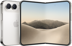 iPhone Duo bianco stellare chiuso, mostrato da dietro, sistema a doppia fotocamera Fusion in alto a sinistra, logo Apple al centro. Display interno aperto, design all-screen, angoli arrotondati