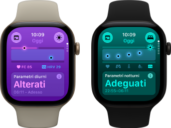 Due Apple Watch Series12: cassa in alluminio color oro chiaro, parametri vitali diurni alterati, Digital Crown, cinturino Sport sabbia; cassa in alluminio nero, parametri vitali notturni adeguati, Digital Crown, cinturino Sport nero