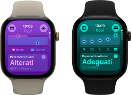 Due Apple Watch Series 12: cassa in alluminio color oro chiaro, parametri vitali diurni alterati, Digital Crown, cinturino Sport sabbia; cassa in alluminio nero, parametri vitali notturni adeguati, Digital Crown, cinturino Sport nero