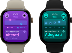 Due Apple Watch Series 12: cassa in alluminio color oro chiaro, parametri vitali diurni alterati, Digital Crown, cinturino Sport sabbia; cassa in alluminio nero, parametri vitali notturni adeguati, Digital Crown, cinturino Sport nero