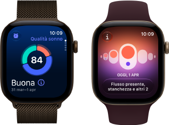 Apple Watch Series 12, cassa in alluminio color bronzo scuro, grafico circolare della qualità del sonno, Digital Crown, Loop in maglia milanese color bronzo scuro