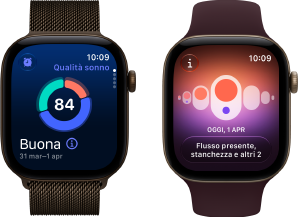 Apple Watch Series 12, cassa in alluminio color bronzo scuro, grafico circolare della qualità del sonno, Digital Crown, Loop in maglia milanese color bronzo scuro