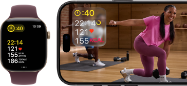 Un Apple Watch accanto a un iPhone con una lezione Apple Fitness+ sullo schermo