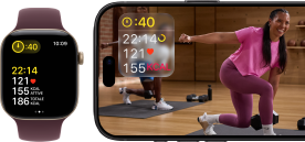 Un Apple Watch accanto a un iPhone con una lezione Apple Fitness+ sullo schermo