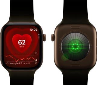 Due Apple Watch Series 12, cassa in alluminio color bronzo scuro con cinturino Sport oliva, uno mostra l’app Battito, l’altro ha in evidenza il sistema di rilevamento della salute sulla parte posteriore con luci LED verdi pulsanti