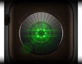 Un Apple Watch Series 12 mostrato da dietro, cassa in alluminio color bronzo scuro, vari sensori rotondi con luci LED verdi che pulsano, lato sinistro, Digital Crown, cinturino Sport oliva