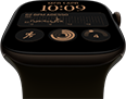 Apple Watch Series 12, cassa in alluminio color bronzo scuro, quadrante Modulare, complicazioni: giorno e data, Allenamento, anelli Attività, Apple Music; lato destro, Digital Crown, cinturino Sport oliva
