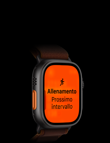 Apple Watch Ultra 4, cassa in titanio nero, allenamento Corsa, intervallo successivo, lato sinistro, tasto Azione arancione, cinturino Alpine Loop