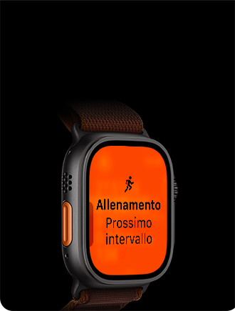 Apple Watch Ultra 4, cassa in titanio nero, allenamento Corsa, intervallo successivo, lato sinistro, tasto Azione arancione, cinturino Alpine Loop