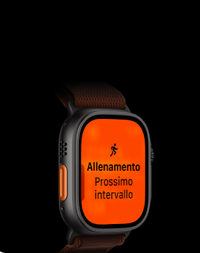 Apple Watch Ultra 4, cassa in titanio nero, allenamento Corsa, intervallo successivo, lato sinistro, tasto Azione arancione, cinturino Alpine Loop