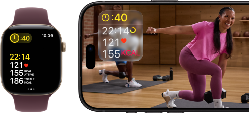 Un Apple Watch accanto a un iPhone con una lezione Apple Fitness+ sullo schermo