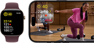 Un Apple Watch accanto a un iPhone con una lezione Apple Fitness+ sullo schermo