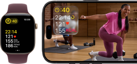 Un Apple Watch accanto a un iPhone con una lezione Apple Fitness+ sullo schermo