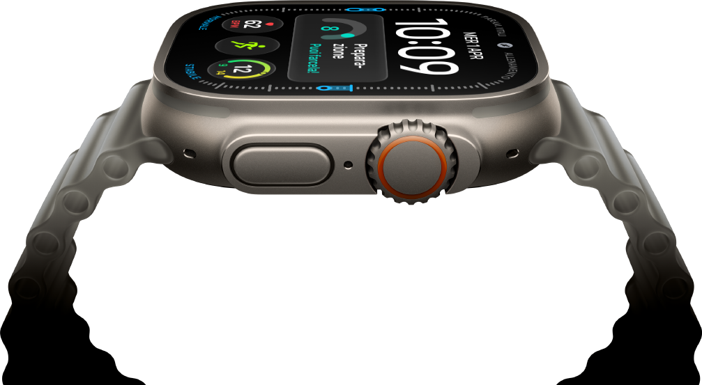 Apple Watch Ultra 4, cassa in titanio naturale, quadrante digitale, complicazioni: preparazione, frequenza cardiaca, Allenamenti, temperatura, lato destro, Digital Crown, tasto laterale in rilievo, cinturino Ocean grigio traslucido