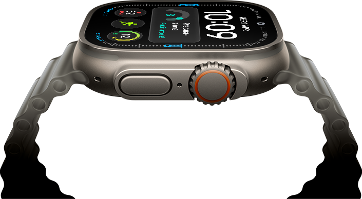 Apple Watch Ultra 4, cassa in titanio naturale, quadrante digitale, complicazioni: preparazione, frequenza cardiaca, Allenamenti, temperatura, lato destro, Digital Crown, tasto laterale in rilievo, cinturino Ocean grigio traslucido
