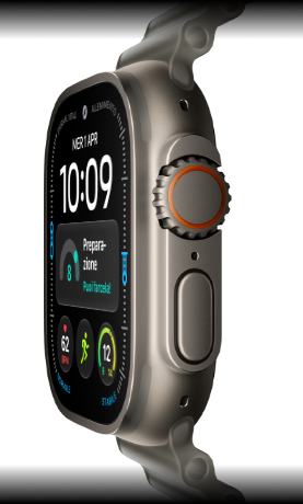Apple Watch Ultra 4, cassa in titanio naturale, quadrante digitale, complicazioni: preparazione, frequenza cardiaca, Allenamenti, temperatura, lato destro, Digital Crown, tasto laterale in rilievo, cinturino Ocean grigio traslucido