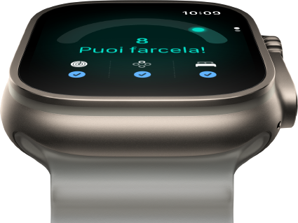 Apple Watch Ultra 4, cassa in titanio naturale, punteggio di preparazione di 8, lato destro, Digital Crown, tasto laterale in rilievo, cinturino Ocean grigio traslucido