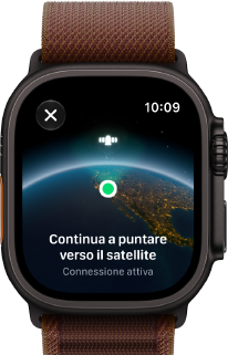 Apple Watch Ultra 4, cassa in titanio nero, connessione satellitare, lato destro, Digital Crown, tasto laterale in rilievo, cinturino Alpine Loop borgogna