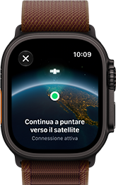 Apple Watch Ultra 4, cassa in titanio nero, connessione satellitare, lato destro, Digital Crown, tasto laterale in rilievo, cinturino Alpine Loop borgogna