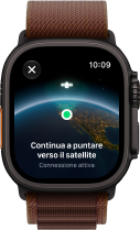 Apple Watch Ultra 4, cassa in titanio nero, connessione satellitare, lato destro, Digital Crown, tasto laterale in rilievo, cinturino Alpine Loop borgogna