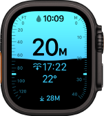 Apple Watch Ultra 4, cassa in titanio nero, app Profondità che mostra i parametri di un’immersione, lato destro, Digital Crown, tasto laterale in rilievo