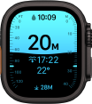 Apple Watch Ultra 4, cassa in titanio nero, app Profondità che mostra i parametri di un’immersione, lato destro, Digital Crown, tasto laterale in rilievo