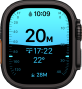 Apple Watch Ultra 4, cassa in titanio nero, app Profondità che mostra i parametri di un’immersione, lato destro, Digital Crown, tasto laterale in rilievo