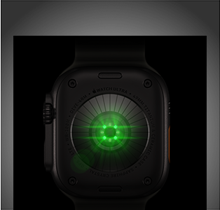 Un Apple Watch Ultra 4 mostrato da dietro, cassa in titanio nero, una serie di sensori rotondi con luci LED verdi che pulsano